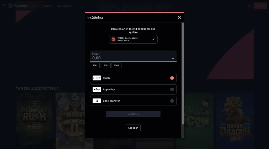 Första insättning och inloggning utan konto
